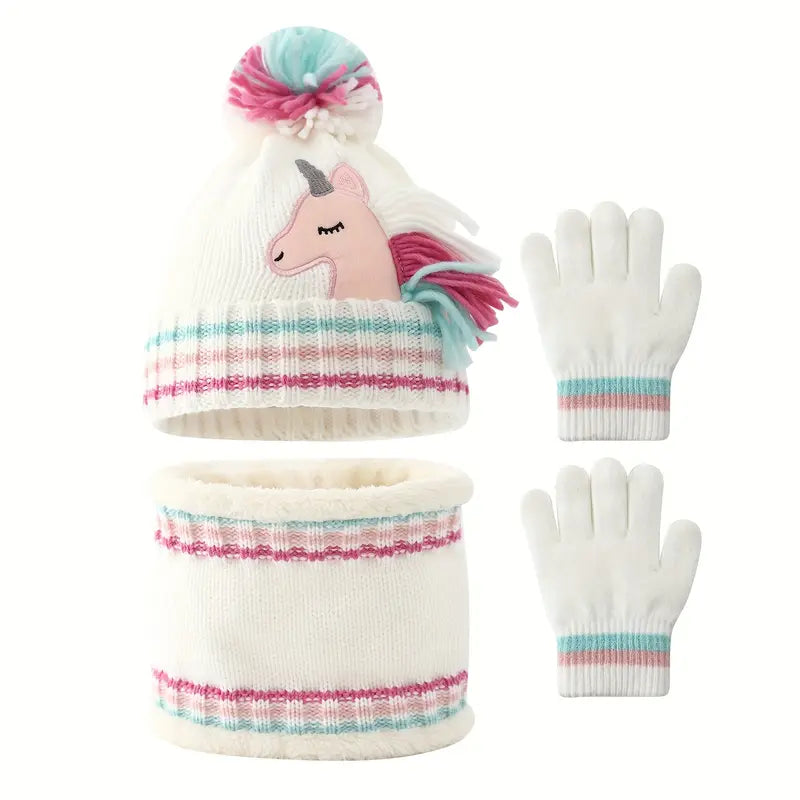 3pcs Set, White Cartoon Unicorn Knitted Hat, Scarf, Gloves for Girls