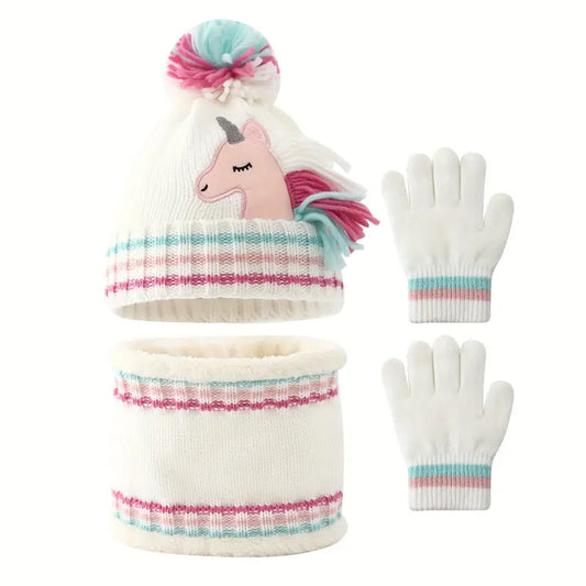 3pcs Set, White Cartoon Unicorn Knitted Hat, Scarf, Gloves for Girls