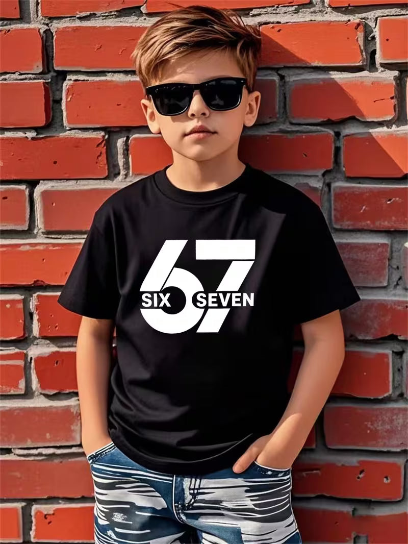 Boys' Casual Short Sleeve T-Shirt with "SIX SEVEN" Print