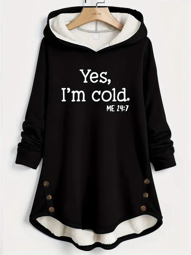 Mid-Length Hooded Sweater with Side Buttons - Yes Im Cold