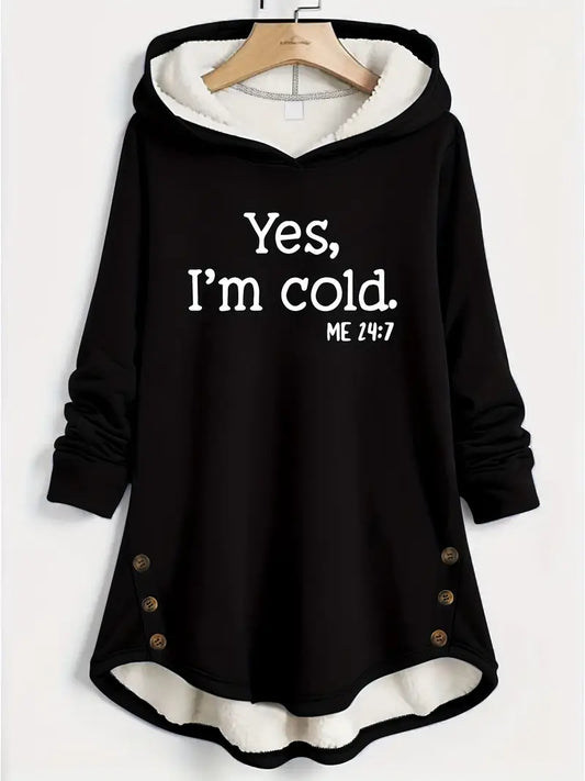 Mid-Length Hooded Sweater with Side Buttons - Yes Im Cold