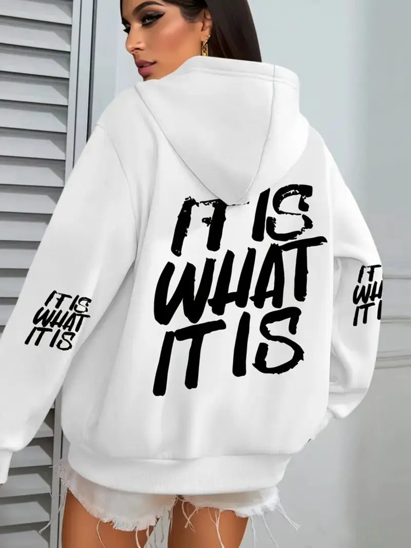 Plus Size, IT IS WHAT IT IS Letter Print Hooded Fleece Sweatshirt