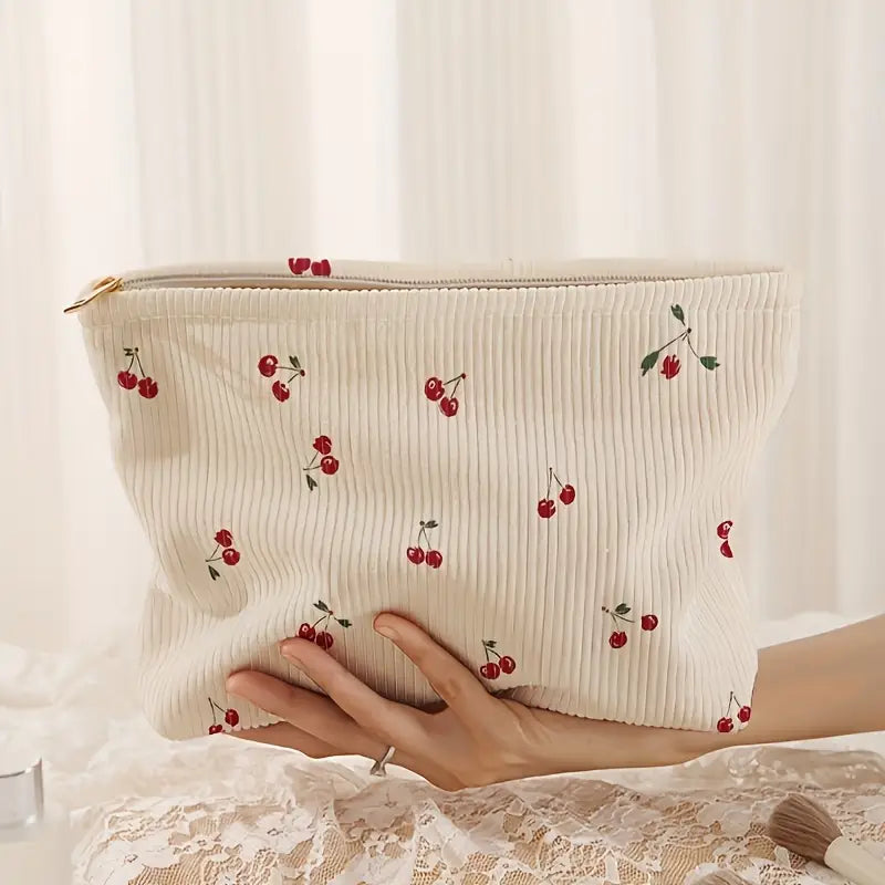 Cherry Pattern Printed Thick Corduroy Makeup Bag