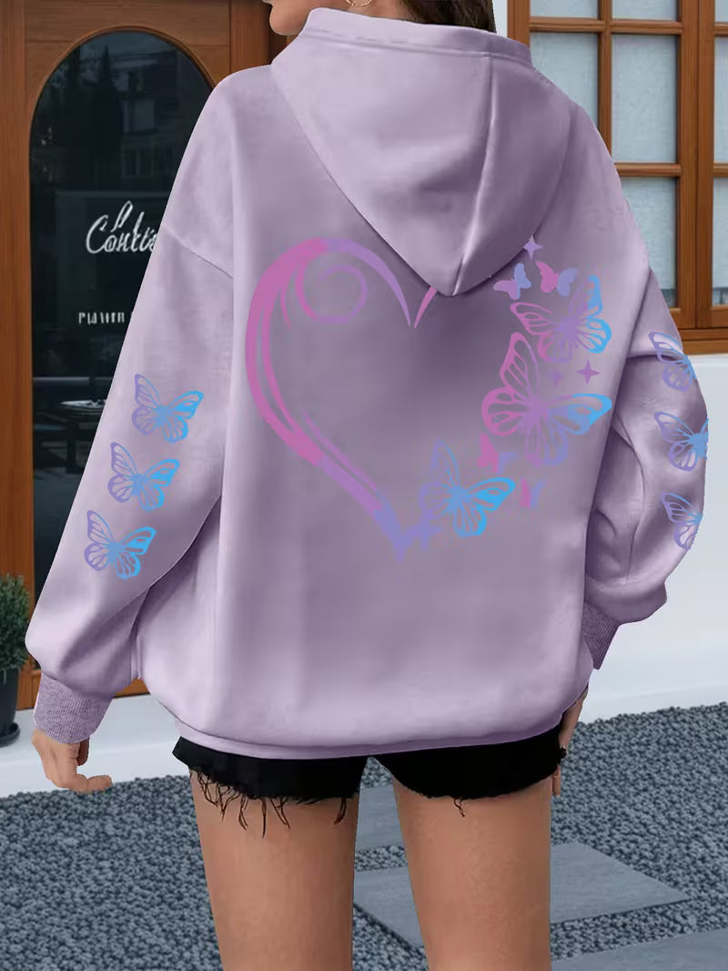 Women's Plus-Size Butterfly & Heart Print Hoodie