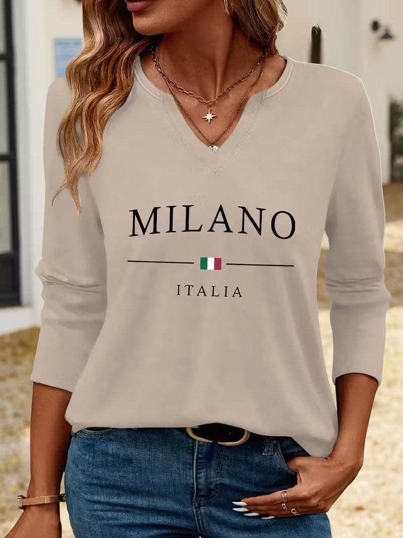 Women'S Casual V-Neck 3/4 Sleeve Milano Italia Letter Print Top