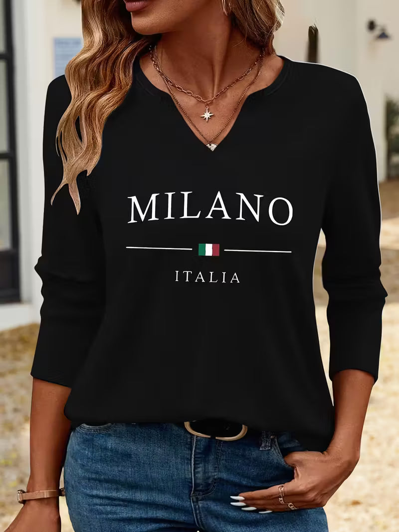 Women'S Casual V-Neck 3/4 Sleeve Milano Italia Letter Print Top