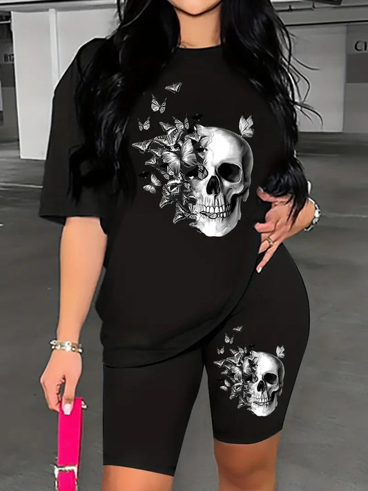 Women'S Casual Two-Piece Set with Butterfly Skull Print