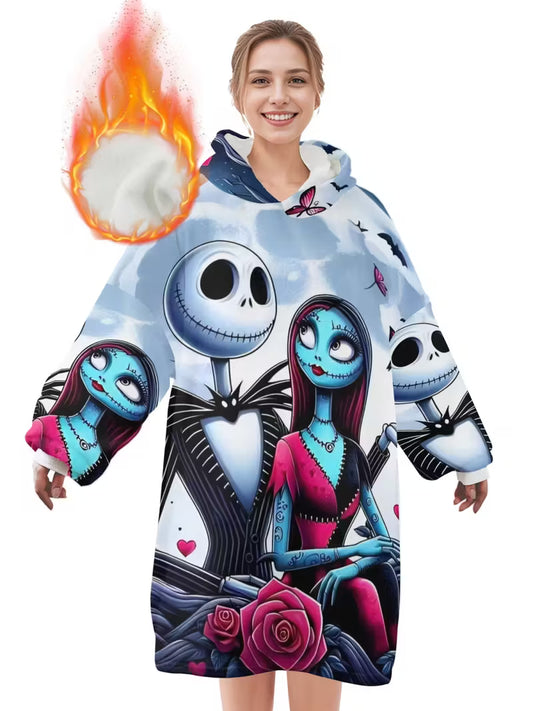 Plus Size Nightmare Before Christmas Jack Skellington & Sally Print Flannel Hooded Robe