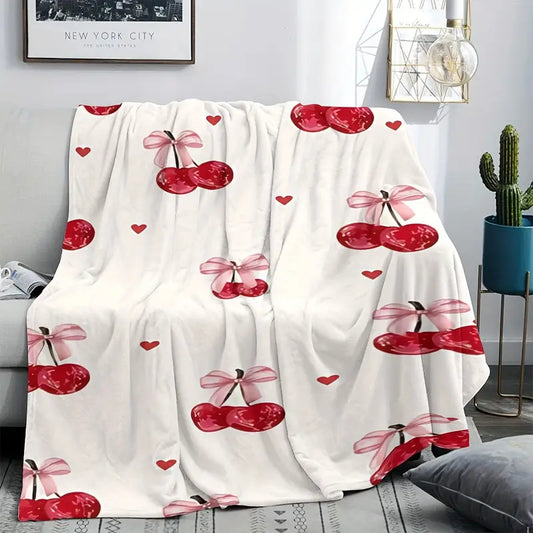 Mini Bowknot Cherry Print Flannel Blanket