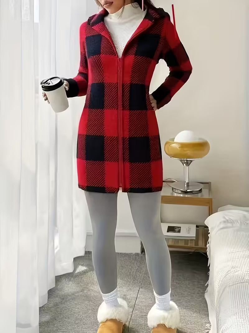 Plaid Patterned Reversible Plush Hooded Zip-Up Cardigan