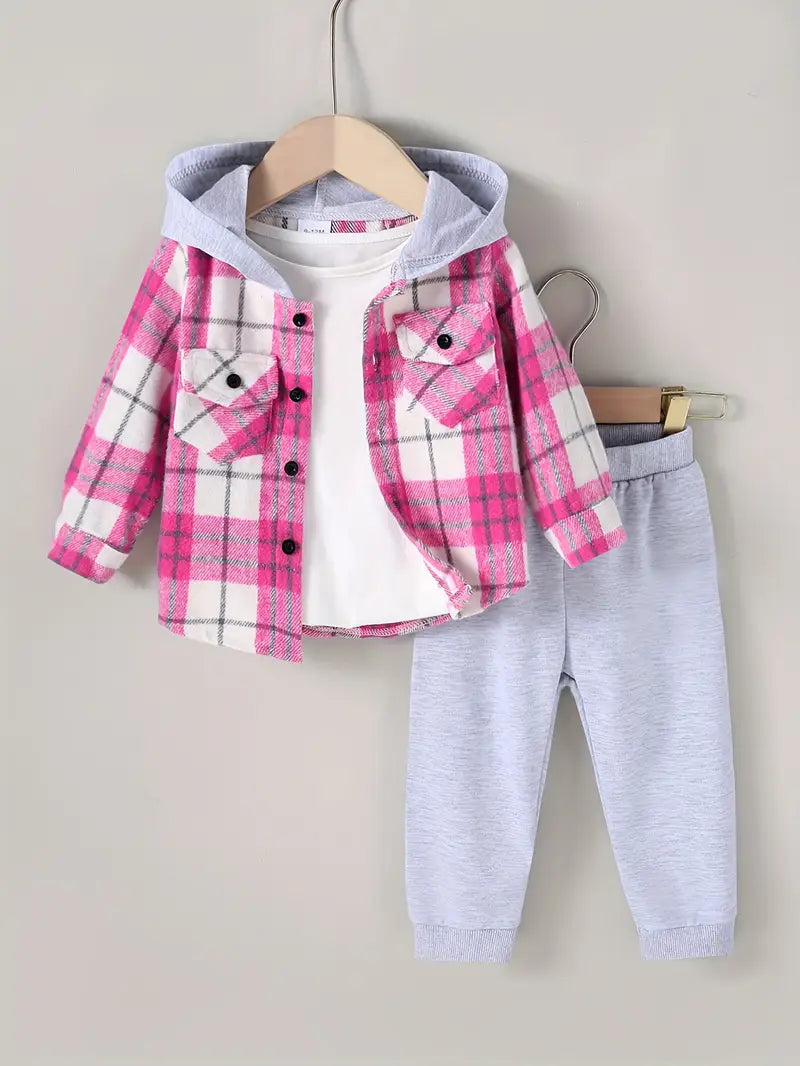 2pcs Girls' Plaid Hooded Cardigan & White Long-Sleeve Shirt Set with Light Gray Pants