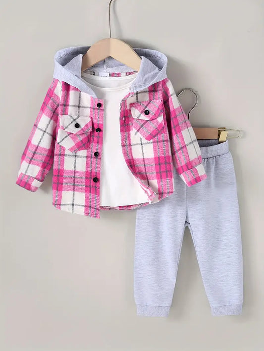 2pcs Girls' Plaid Hooded Cardigan & White Long-Sleeve Shirt Set with Light Gray Pants
