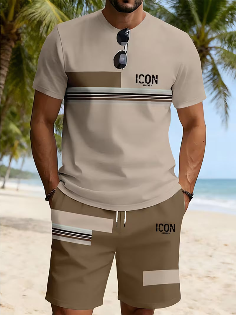 Men's Casual Trendy Loose Breathable Beachwear Short-sleeve T-shirt and Shorts Two-piece Set