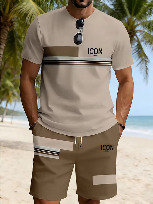 Men's Casual Trendy Loose Breathable Beachwear Short-sleeve T-shirt and Shorts Two-piece Set