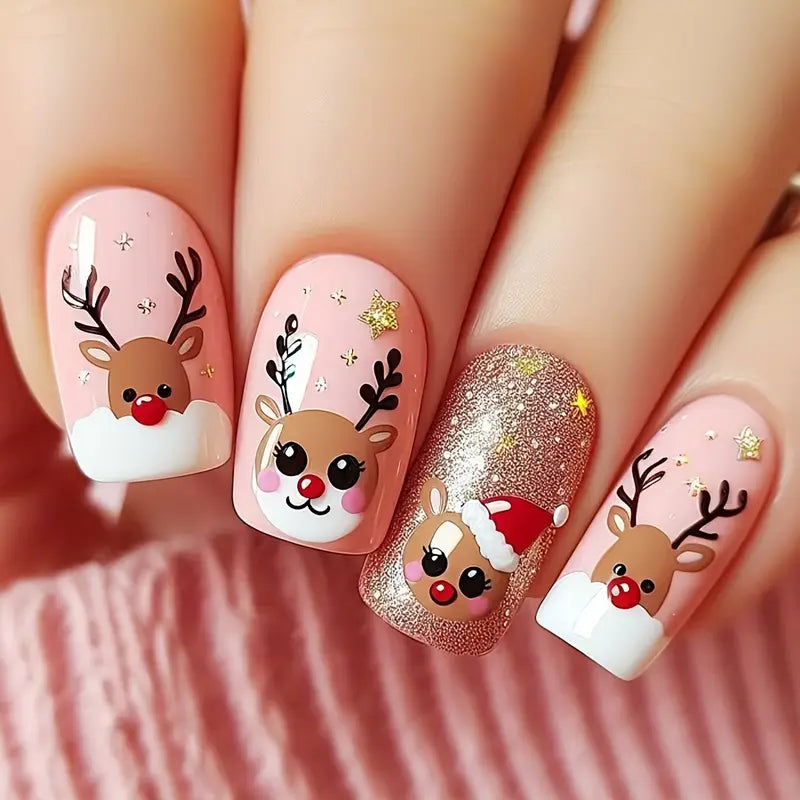 24PC Reindeer Christmas Press On Nails