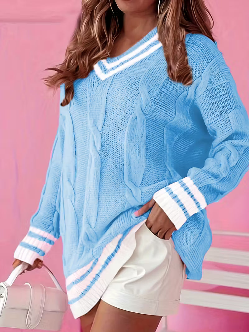 Plus Size Women's Elegant V-Neck Long Sleeve Pullover Sweater