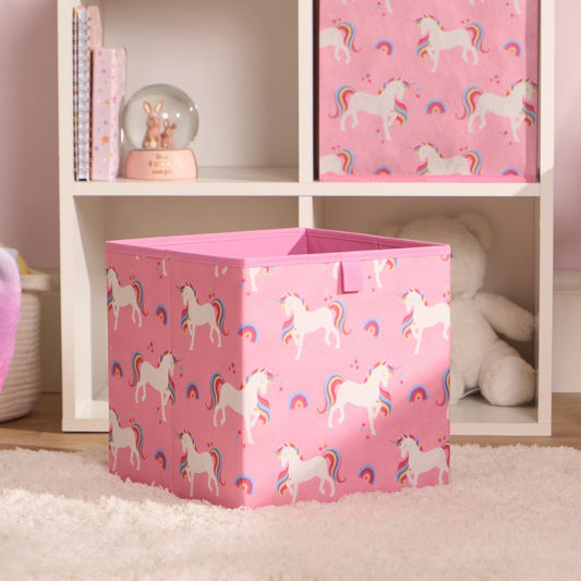 Unicorn Print Cube Storage Boxes, Pink - 2 Pack