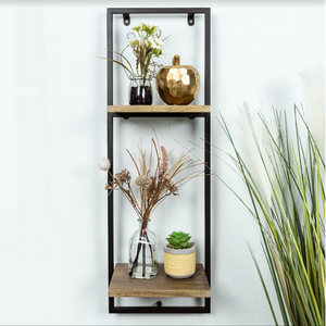 Narrow 2 Tier Dark OAK Floating Wall Shelf with Black Frame