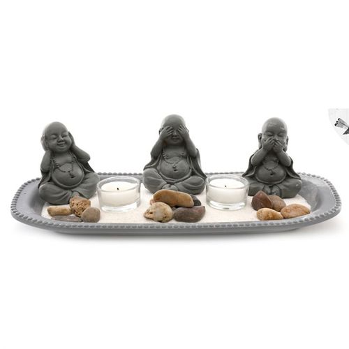 35cm Triple Buddha Resin Zen Garden Tealight Holder