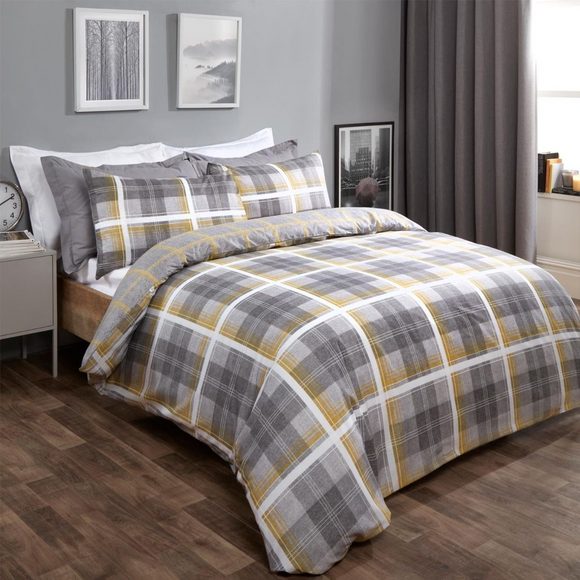 Denim Check Duvet Cover Set - Grey/Ochre