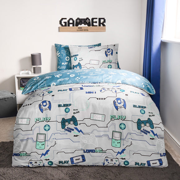 Kids Gaming Console- Reversible Duvet Cover Set - Grey/Blue