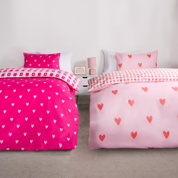 Gingham Heart Print Reversible Duvet Set Twin Pack - Coral/Pink