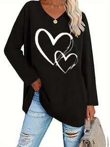 Plus Size Black Printed Heart Casual Long Sleeve Top