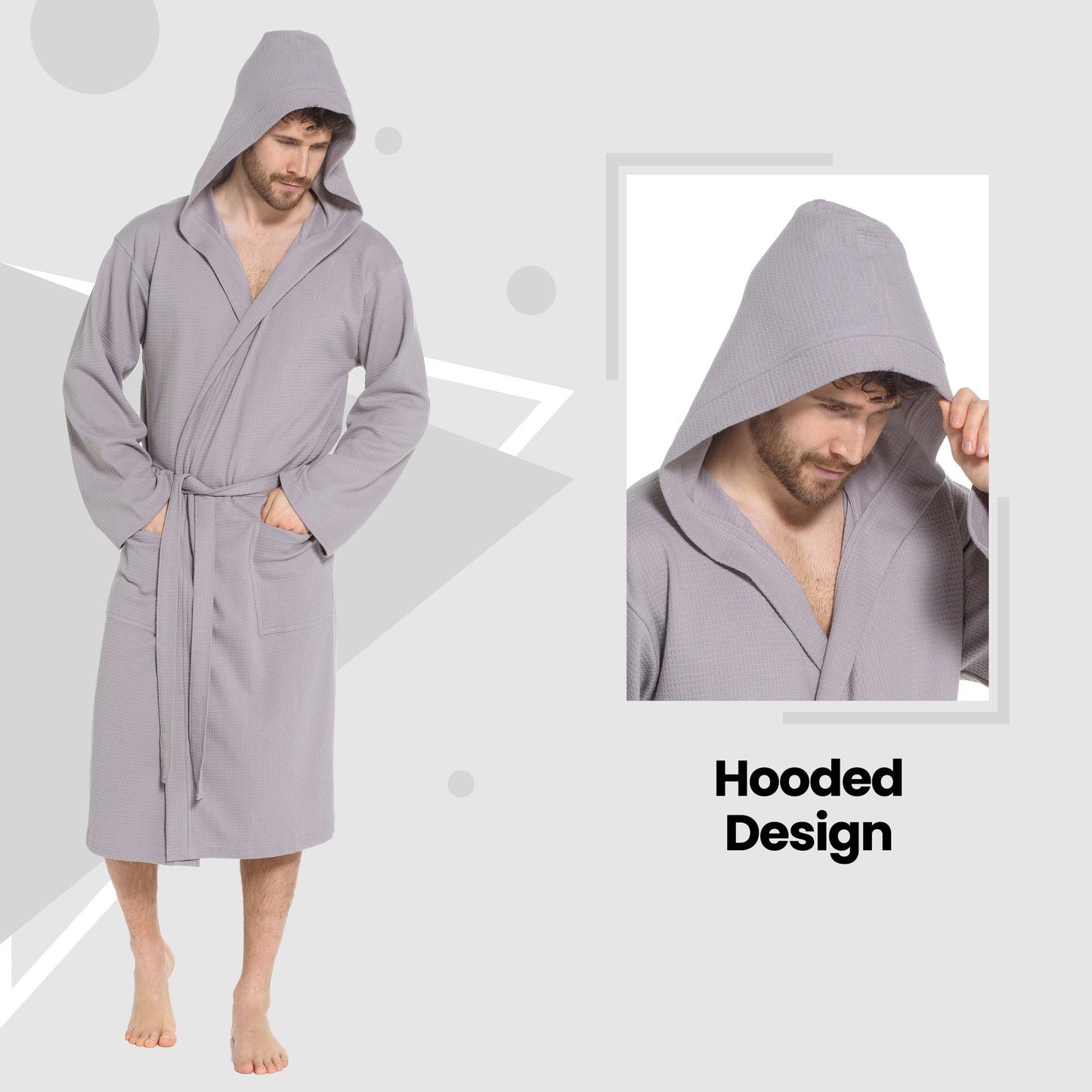 Men’s Hooded Waffle Cotton Bathrobe Grey Super Absorbent Spa Robe Luxury Dressing Gown for Home & Loungewear