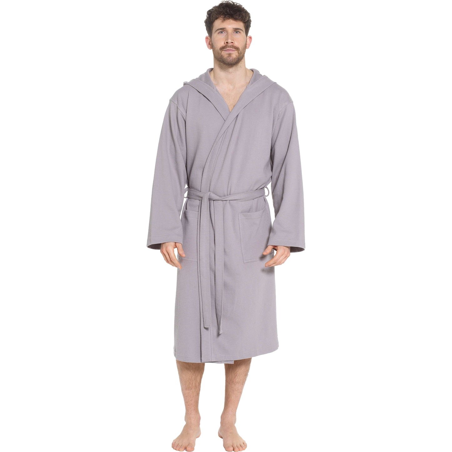 Men’s Hooded Waffle Cotton Bathrobe Grey Super Absorbent Spa Robe Luxury Dressing Gown for Home & Loungewear
