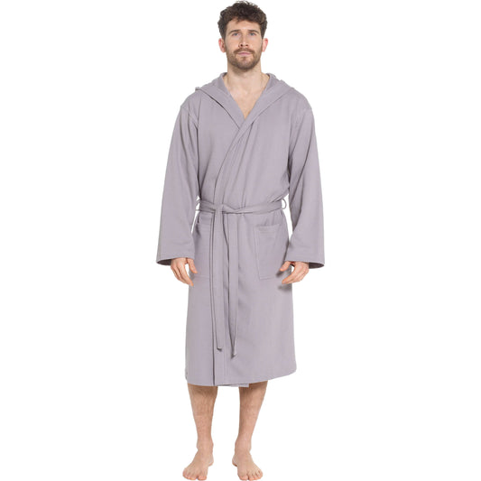 Men’s Hooded Waffle Cotton Bathrobe Grey Super Absorbent Spa Robe Luxury Dressing Gown for Home & Loungewear