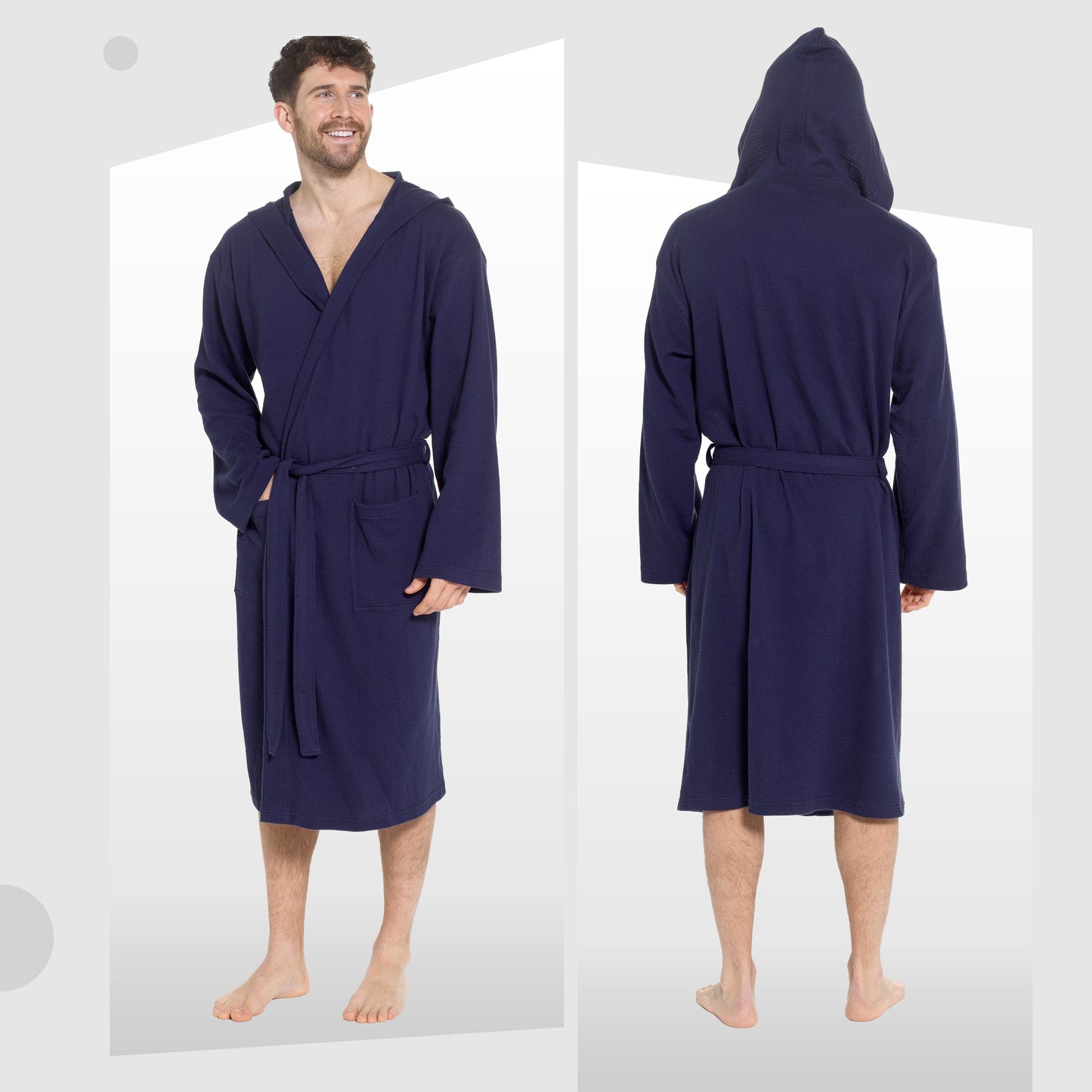 Men’s Hooded Waffle Cotton Bathrobe Navy Super Absorbent Spa Robe Luxury Dressing Gown for Home & Loungewear