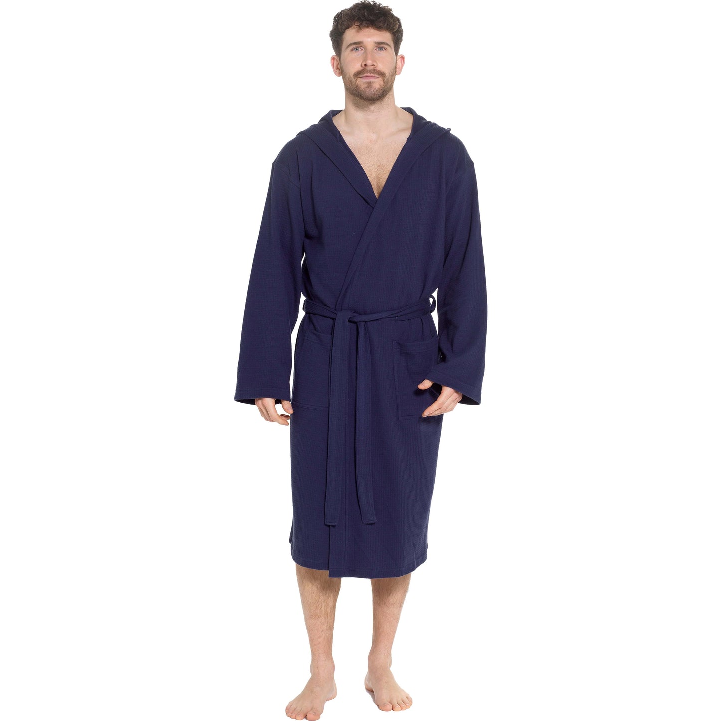 Men’s Hooded Waffle Cotton Bathrobe Navy Super Absorbent Spa Robe Luxury Dressing Gown for Home & Loungewear