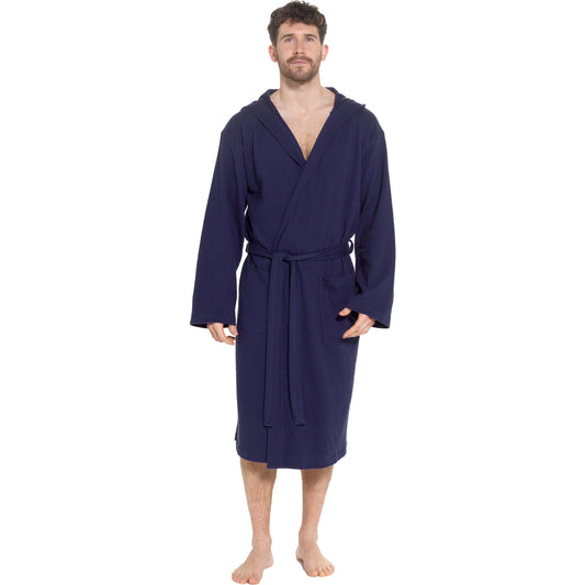 Men’s Hooded Waffle Cotton Bathrobe Navy Super Absorbent Spa Robe Luxury Dressing Gown for Home & Loungewear
