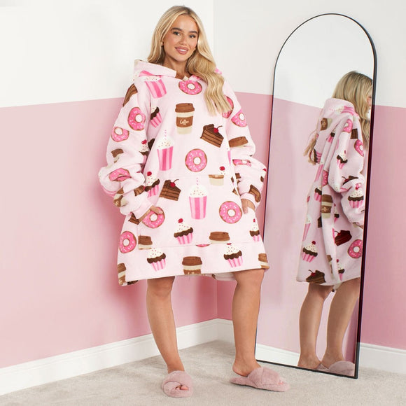 Coffee & Cake Print Hoodie Blanket, Adults - Blush