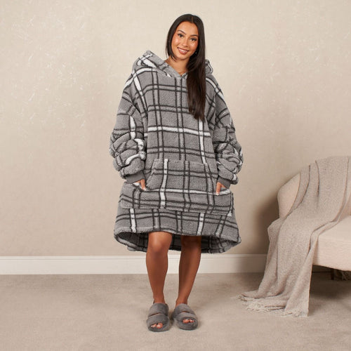 Teddy Check Print Hoodie Blanket, Adults - Charcoal