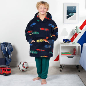 Kids Car Race Print Hoodie Blanket - Navy