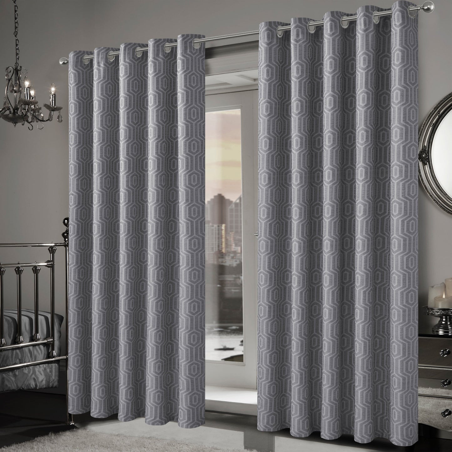 Paris Eyelet Jacquard Curtains Grey Geometric Pattern Thermal Insulated