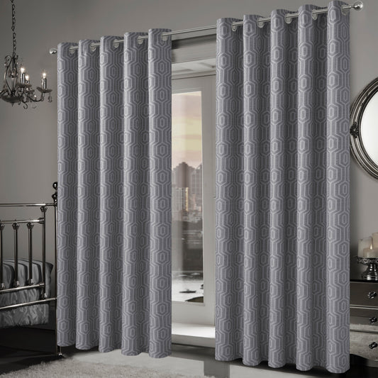 Paris Eyelet Jacquard Curtains Grey Geometric Pattern Thermal Insulated