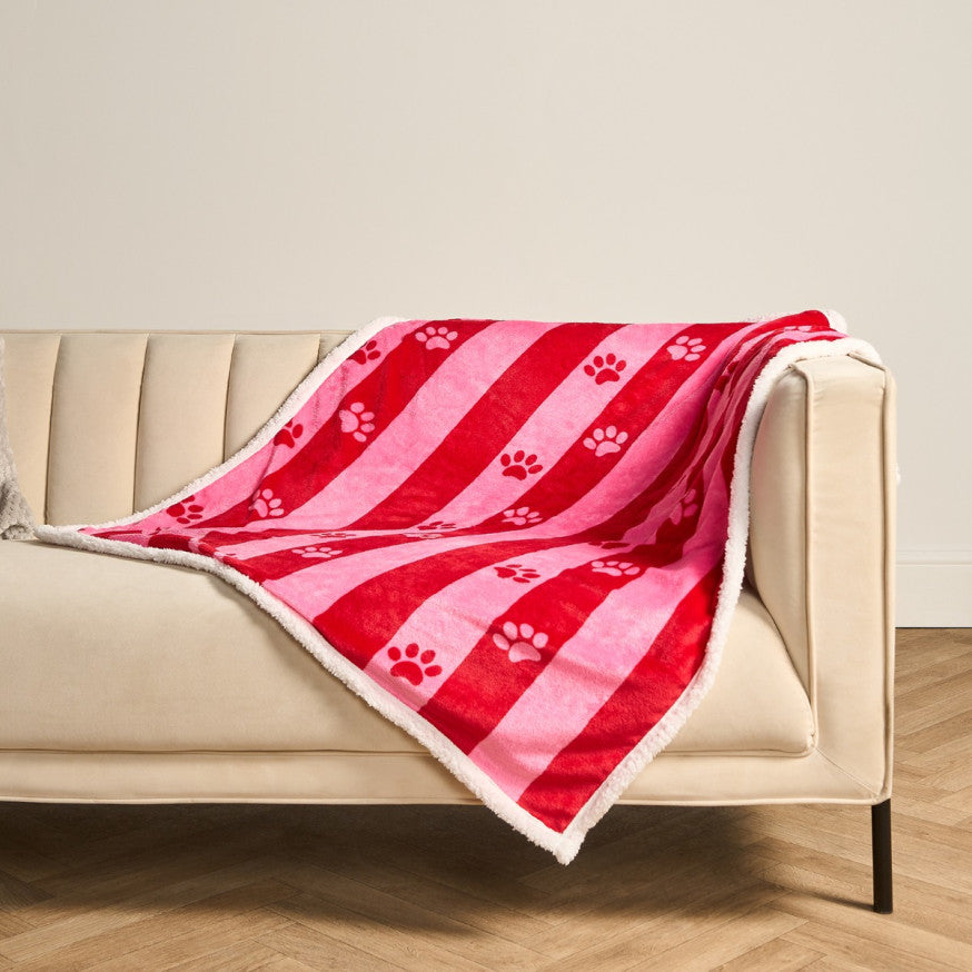 Candy Stripe Paw Print Sherpa Reverse Throw - Pink/Red