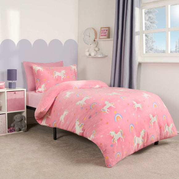 Unicorn Print Fleece Duvet Set, Pink