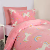 Unicorn Print Fleece Duvet Set, Pink