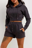 Slate Grey Cropped Zipped Hoodie And Short Co-Ords Set