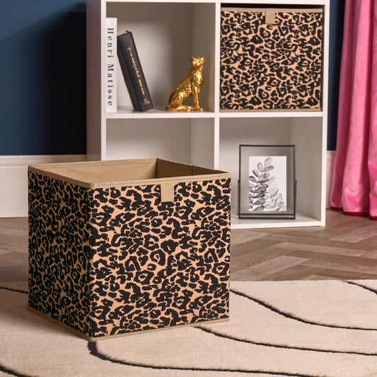 Leopard Print Cube Storage Boxes, Natural - 2 Pack