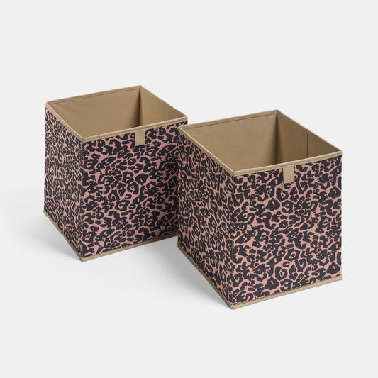 Leopard Print Cube Storage Boxes, Natural - 2 Pack