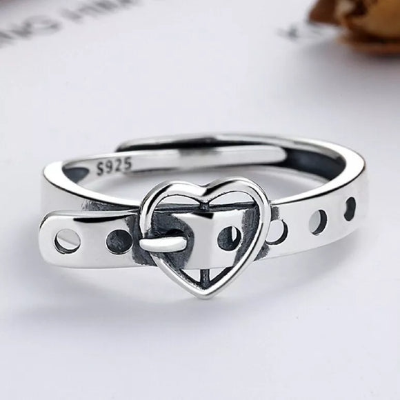 Vintage Heart Belt Adjustable Ring 925 Sterling Silver