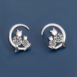 Crystal Moon Cats Stud Earrings