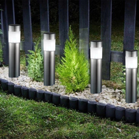 Solar LED Bollard Lights 4pc Set Light Up Stake Lamps Garden Silver Large 35cm