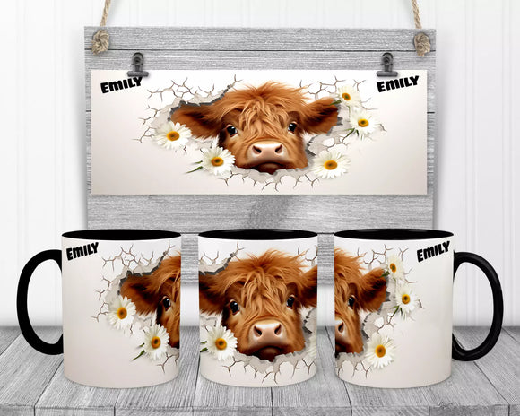 Personalised 3D Highland Cow Cracked look  Mug