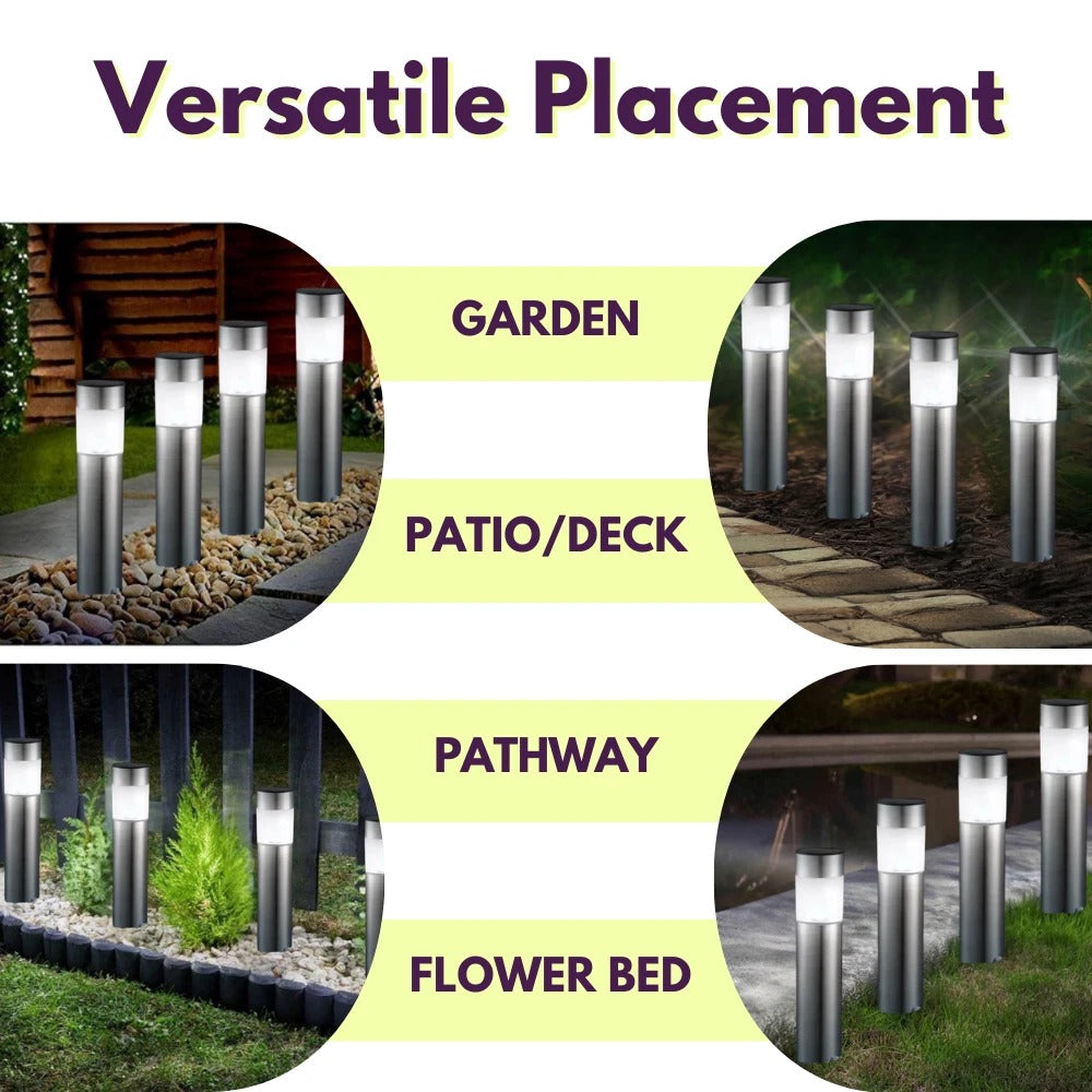 Solar LED Bollard Lights 4pc Set Light Up Stake Lamps Garden Silver Large 35cm