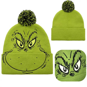 Grinch Big Face Knit Pom Pom Beanie Hat Christmas Gifts